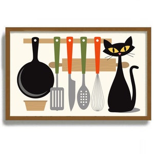 Chef Gift, 11x17 Black Cat Art Print, Mid Century Modern Wall Art, Kitchen Wall Decor, Cat Lover Gift Idea, Cooking Utensils, Culinary Gift