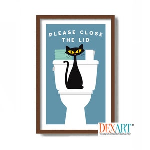 Put the Lid Down, Bathroom Wall Decor, Black Cat Art Print, Mid Century Modern Wall Art, Bath Sign, Cat Lover Gift, Bathroom Humor