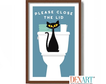 Please Close Lid Before Flushing, Bathroom Humor Wall Decor, Black Cat Art Print, Mid Century Modern Bath Sign, Cat Lover Gif