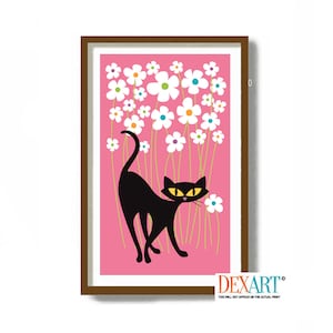 May include: A black cat with yellow eyes stands in a field of white flowers on a pink background. The flowers have green stems and colorful centers.
