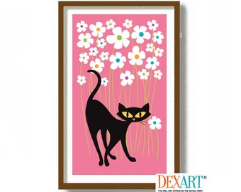 Mid Century Modern Cat Art Print, Retro Pink Daisy Art, Cat Lover Gift, Black Cat Art, Tabby Cat Garden Cat, Veterinarian Gift, Flower Print