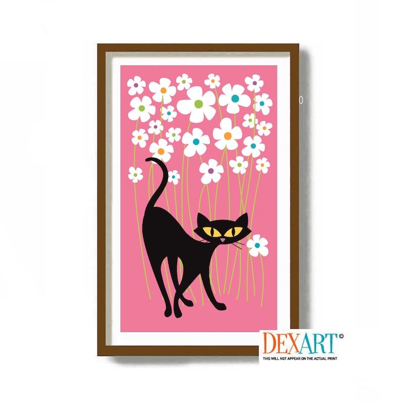 May include: A black cat with yellow eyes stands in a field of white flowers on a pink background. The flowers have green stems and colorful centers.