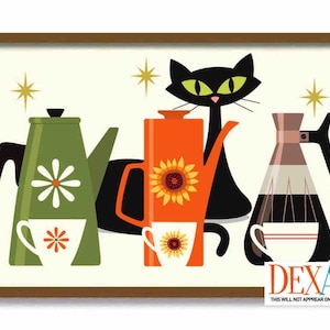 May include: A framed art print featuring a retro design with a black cat, coffee pots, and cups. The green and orange coffee pots have floral designs. The cat has green eyes. The print has a brown frame.