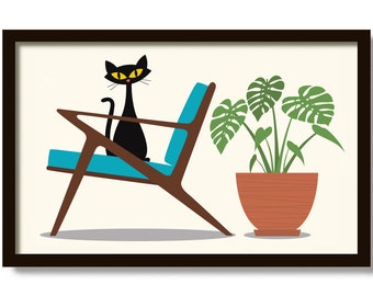 Monstera Plant, Mid Century Modern Art, Cat Lover Gift, Selig Z Chair, Tropical Decor, Scandinavian, Black Cat Art, Living Room Wall Art