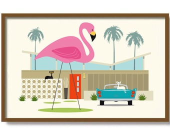 Mid Century Modern Florida Art Print, Plastic Pink Flamingo, Retro House Decor, Cat Lover Gift, Black Cat Art, Contemporary Home, 50s Home
