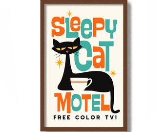 Mid Century Modern Art Print, Atomic Cat Art, Motel Sign, Kitchen Wall Art, Black Cat Art Print, Coffee Lover Gift, Cafe Sign, Cat Mom Gift