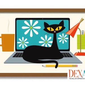 May include: A black cat sits on a laptop computer with a blue background featuring white daisies. A cup of coffee, a pencil, and a red lamp with a green base are on the desk.