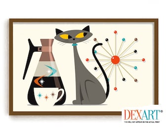 Mid Century Modern Atomic Cat Art Print, Cats and Coffee Print, Gray Cat Art Print, Kitchen Gift, Retro Coffee Pot, DexMex Atomic Star Decor