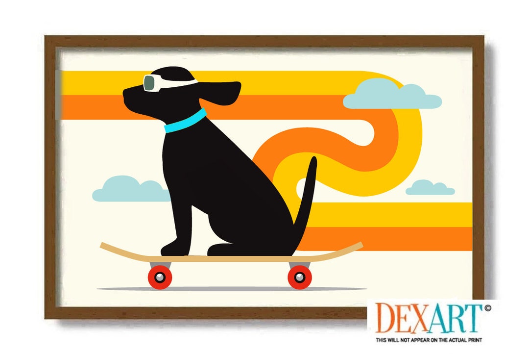 Skateboard Wall Art Print, Dog Art Print, Mid Century Modern Wall Art