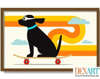 Skateboard Wall Art Print, Dog Art Print, Mid Century Modern Wall Art, Black Dog Lover Gift, Labrador, Dog Dad, Skate Boarder