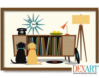 Modern Dog Art Print Black Dog Lover Gift, Retro Sideboard, Black Lab, Vinyl Record Storage Record Player, Black Labrador Retriever