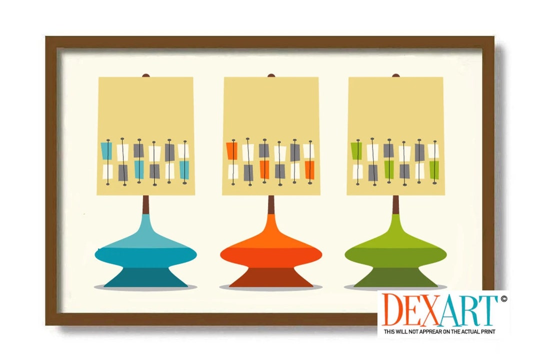 Mid Century Modern Wall Art Table Lamp Print, Retro Lampshade, Living