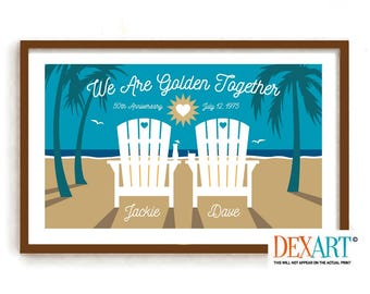50th Anniversary Beach Decor Art Print, Personalized Golden Wedding Gift, Adirondack Chairs, Coastal Wall Decor