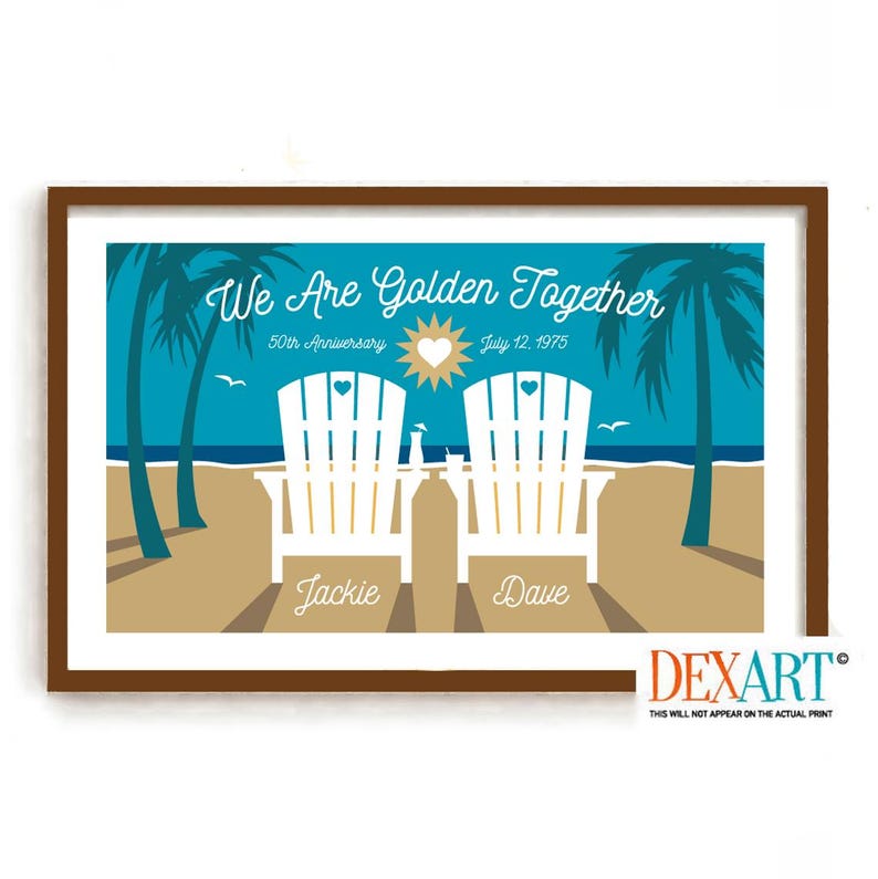 50th Anniversary Beach Decor Art Print, Personalized Golden Wedding Gift, Adirondack Chairs, Coastal Wall Decor image 1