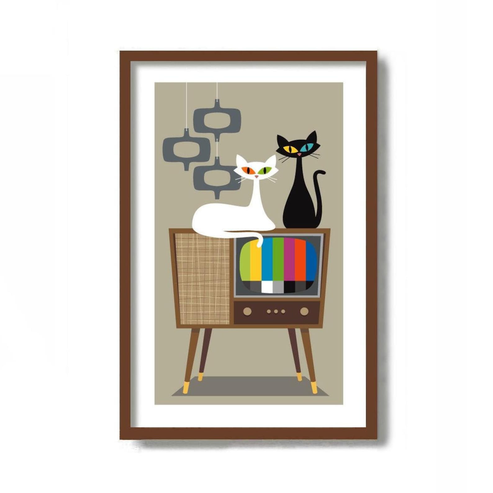 Mid Century Modern Wall Art Black Cat Art Print White Cat Etsy