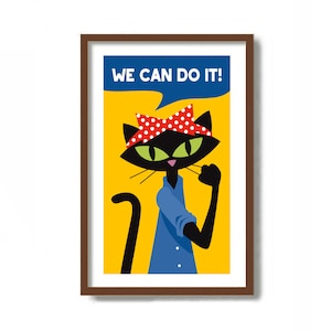 Rosie the Riveter, Mid Century Modern Wall Art, Feminist Art, Feminism Poster, Womens Equality, Cat Lover Gift, Black Cat Art, Womens Lib