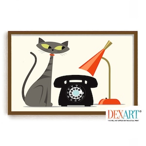 Gray Tiger Cat Art Print, Vintage Phone, Mid Century Modern Print, Office Cat, Atomic Cat Lover Gift