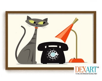 Gray Tiger Cat Art Print, Vintage Phone, Mid Century Modern Print, Office Cat, Atomic Cat Lover Gift