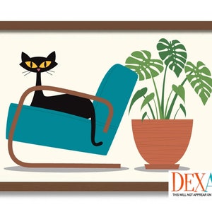 Mid Century Modern Art Print, Tank Chair, Cat Lover Gift, Monstera Plant, Danish Modern, Black Cat Art, Living Room Wall Art,