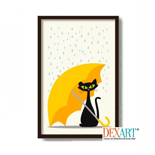 Impression d'art mural chat noir, décoration parapluie jaune, art moderne du milieu du siècle, jour de pluie, gouttes de pluie, art mural affiche chat, cadeau pour amoureux des chats