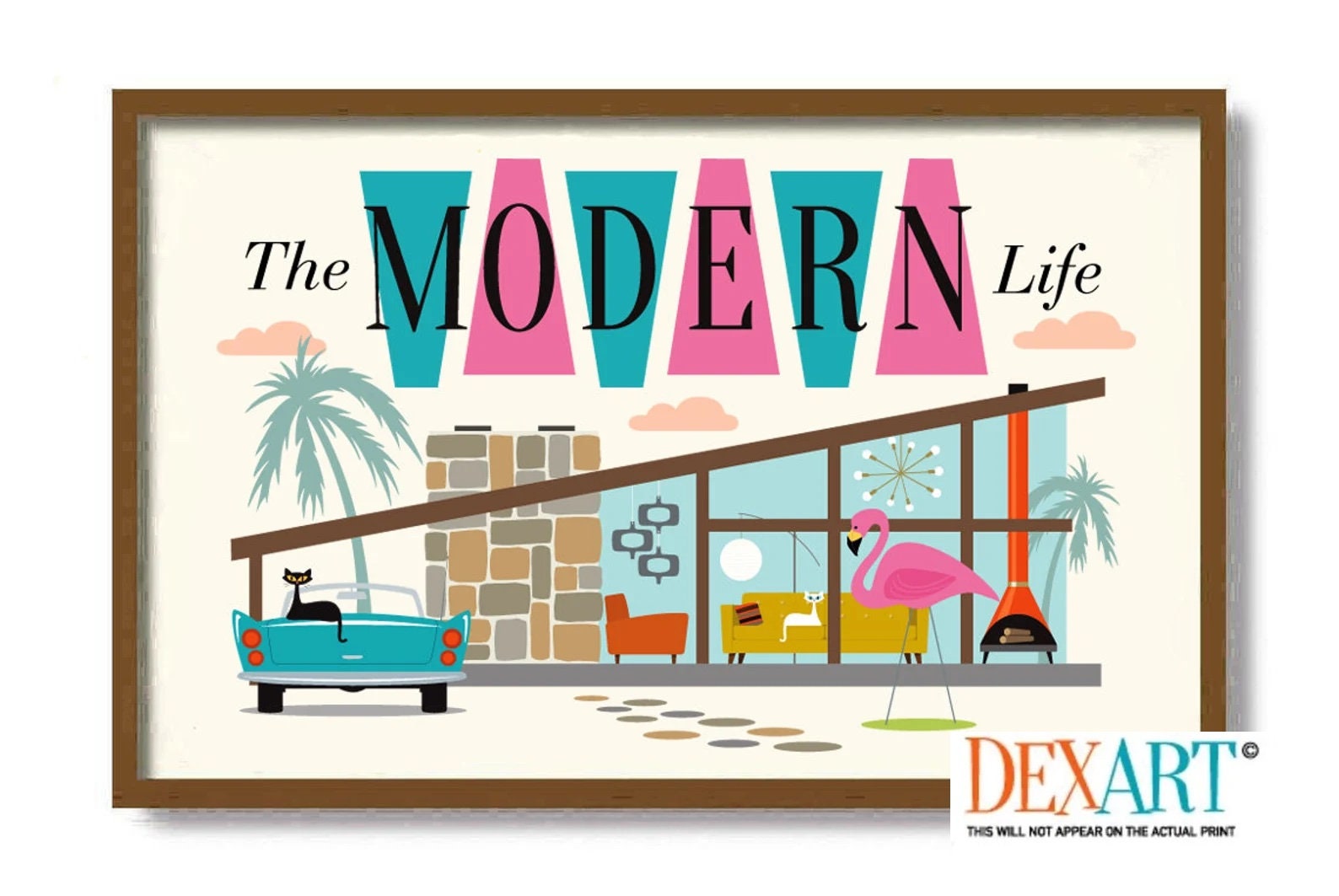 Mid Century Modern Wall Art Print, Cat Art Decor, Palm Springs House, Cat Lover Gift, Black Cat, Cat Mom, Tabby Cat, Contemporary Home