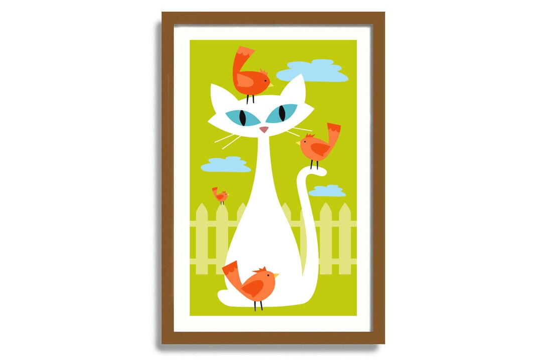 Mid Century Modern Cat Wall Art White Cat Art Print Bird Etsy