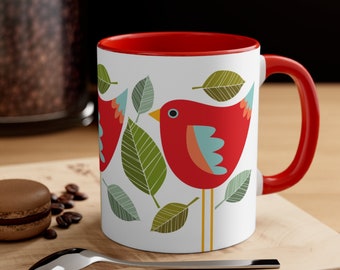 Red Bird Mug, Bird Lover Coffee Mug, 11oz Cup, Mid Century Modern, Abstract Bird, Ornithologist Gifts, Bird Watcher, Cardinal Bird