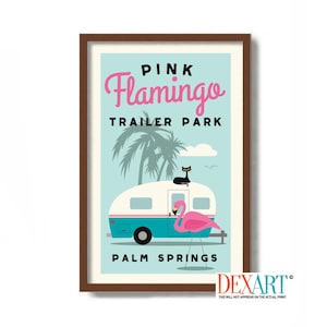 Mid Century Modern Wall Art, Pink Flamingo Decor, RV Camper, Trailer Park, Black Cat Art Print, Palm Springs Poster, Cat Lover Gift