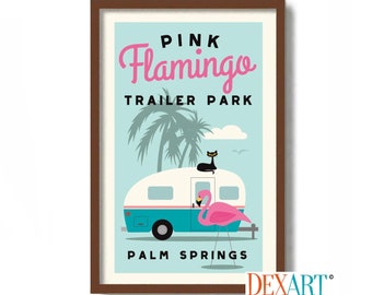 Mid Century Modern Wall Art, Pink Flamingo Decor, RV Camper, Trailer Park, Black Cat Art Print, Palm Springs Poster, Cat Lover Gift