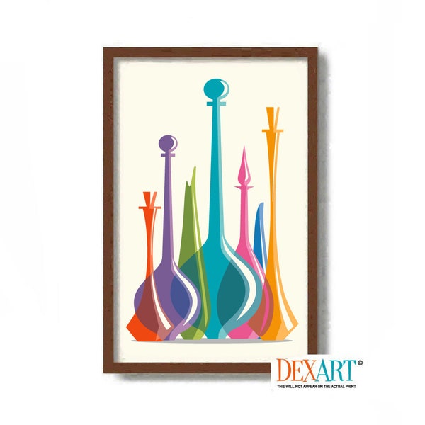 Mid Century Modern Glass Decanter Wall Art Print, Colorful Glass Genie Bottle, Wall Art, Retro Decor, Swung Vase