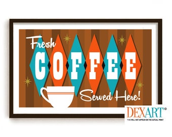 Mid Century Modern Coffee Art Print for Kitchen, Wall Art, Atomic Coffee Sign, Retro Decor, Coffee Art, Palm Springs, Starburst Pattern