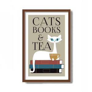 Cat Lover Gift, Cats Books Tea, Mid Century Modern Art, White Cat Art, Book Lover Gift, Reading Journal, Tea Lover Librarian Gift