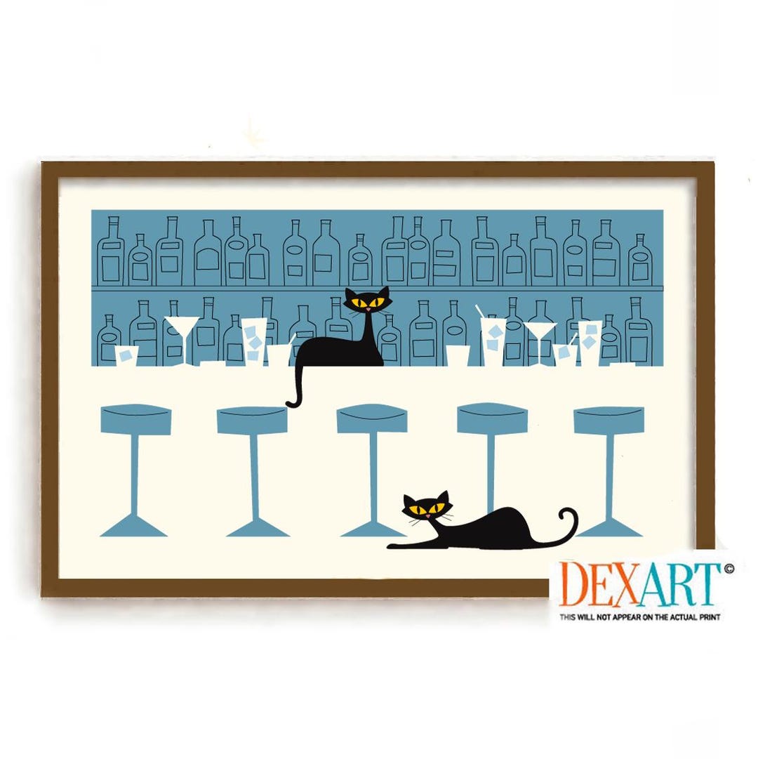 Mid Century Modern Cocktail Bar Wall Art Print, Atomic Black Cat Art ...
