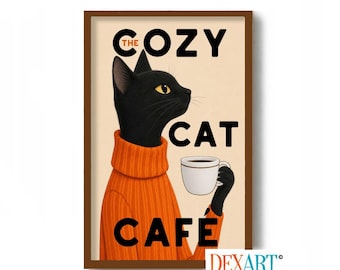 Cats and Coffee Wall Art Print, Cat Kitchen Art Print, Cat Drinking Coffee, Black Cat Art Print, Coffee Lover Gift, DexMex French Cafe Sign
