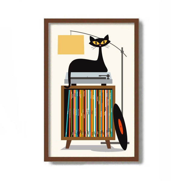 Impresión artística de gato negro moderno de mediados de siglo, tocadiscos, almacenamiento de discos de vinilo