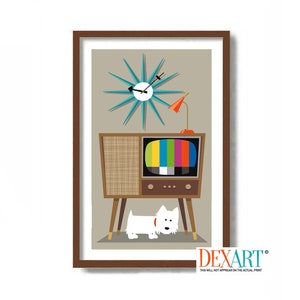 Mid Century Modern Wall Art, Westie Gifts, Old Television, West Highland White Terrier, Dog Lover Gift, Retro Wall Clock, Carin Terrier