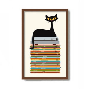 Rock Music Poster, Mid Century Modern Print, Black Cat Art Print, Atomic Cat, Vinyl Record Storage, Record Player, Cat Lover Gift Vinyl LP