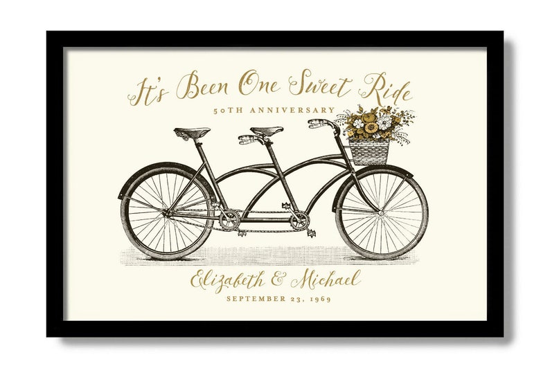 a personalized art with tandem bicycle image print name, date on a light color background paper is the perfect 50th wedding anniversary gift for parents