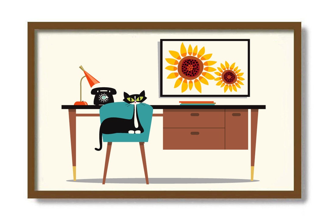 Mid Century Modern Office Art Print, Tuxedo Cat Art, Sunflower Decor