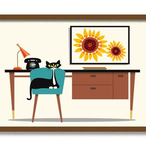 Mid Century Modern Office Art Print, Tuxedo Cat Art, Sunflower Decor, Home Office Decor, Cat Lover Gift, Retro Desk Lamp, Office Wall Art