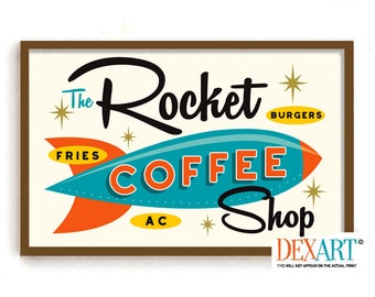 Retro Kitchen Art Print, Mid Century Modern Wall Decor, Coffee Shop, Roswell UFO, Atomic Starburst, Rocket Ship, Sci Fi, Palm Springs