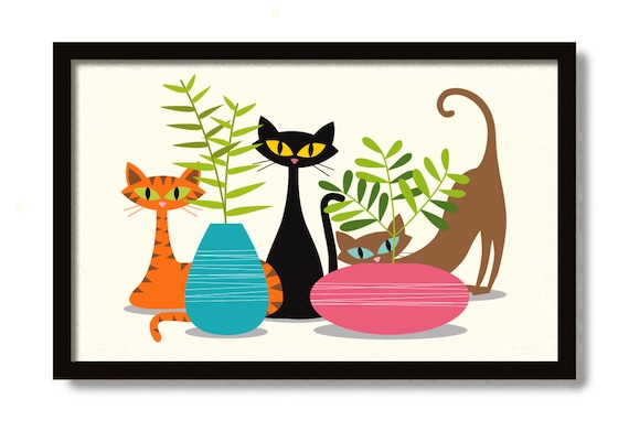 Mid Century Modern Cat Art Print, Monstera Plant, Black Cat Lover Gift,  Tropical Decor, Unique Planters, Tabby Cat, Florida Decor Print - Etsy