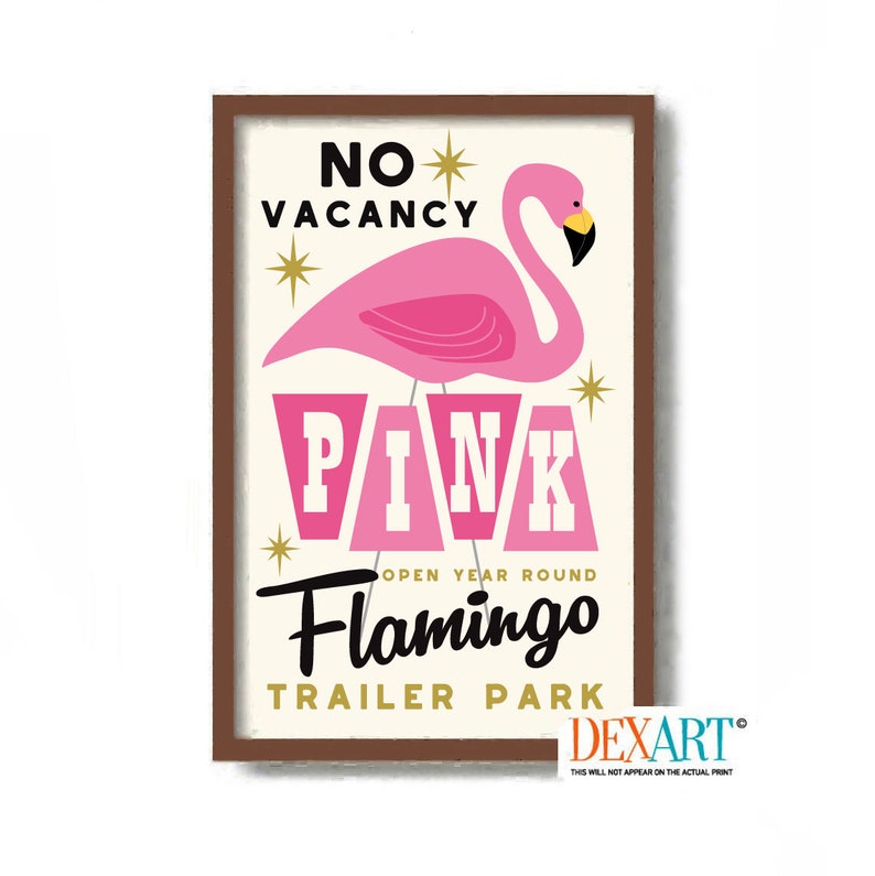 Mid Century Modern Pink Flamingo Wall Art, Flamingo Decor, RV Camper, Trailer Park, Palm Springs Poster, Florida Decor image 1