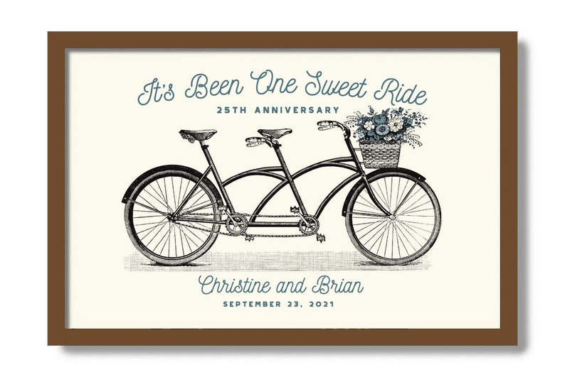 May include: A black tandem bicycle with a basket of flowers on the handlebars. The text "It's Been One Sweet Ride" is above the bicycle, and "25th Anniversary" is below. The names "Christine and Brian" and the date "September 23, 2021" are below the bicycle.