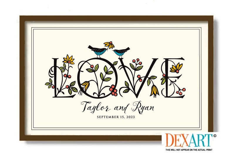May include: A printable wedding sign with the word "LOVE" in a decorative font with floral accents and two birds perched on top. The names "Taylor and Ryan" and the date "SEPTEMBER 15, 2023" are written below the word "LOVE".