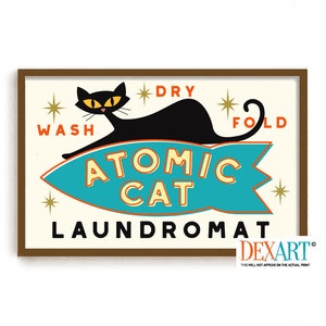 Laundry Room Decor Cat Wall Art Print, Atomic Cat Mid Century Modern Art, Retro Wall Art Blue Cat Art, Cat Mom, Laundry Sign Washing Machine