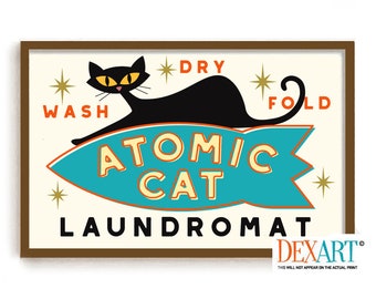 Laundry Room Decor Cat Wall Art Print, Atomic Cat Mid Century Modern Art, Retro Wall Art Blue Cat Art, Cat Mom, Laundry Sign Washing Machine