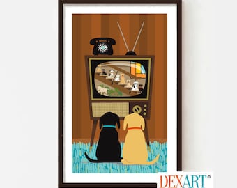 Dog Art Print, Barky Bunch, Family of Mutts, Retro TV Show Mid Century Modern Wall Art, Dog Lover Gift, Labrador, Dog Mom, Golden Retriever