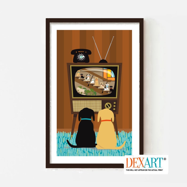 May include: Two dogs, one black and one yellow, sit in front of a vintage television set watching a show about dogs. The television is on a wooden stand and has a rotary dial phone on top. The dogs are looking at the television screen.