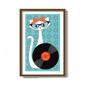 Mid Century Modern Art, White Cat Art Print, Rockabilly Decor, Vinyl Record Storage, Record Player, Cat Lover Gift, Vinyl LP, Cat Poster